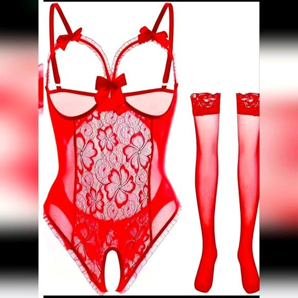 Underwire Open-Bust Open-Crotch Lace One-Piece Lingerie（Includes matching stockings）